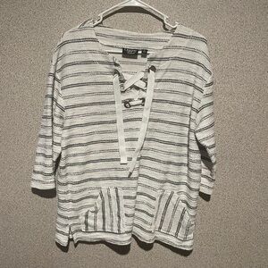 Onque Casuals‎ Gray and White Striped V-Neck Sweater